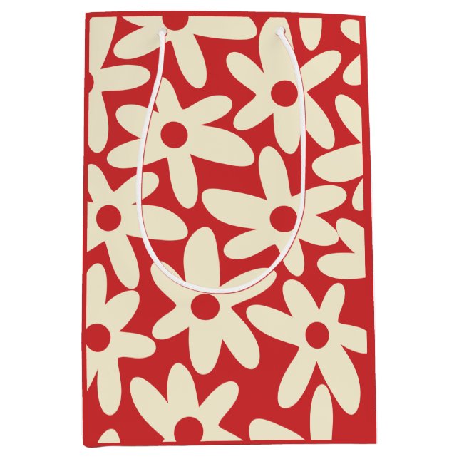 Retro Daisies Floral Pattern Red and Cream Medium Gift Bag (Front)
