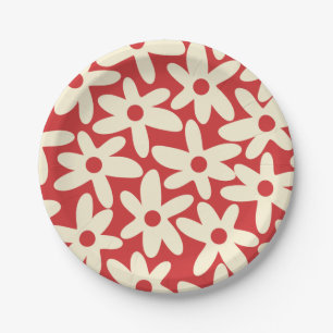Retro Daisies Floral Pattern Red and Cream Paper Plates