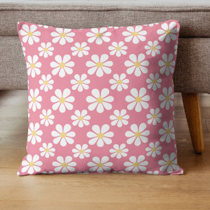 Retro Daisies Floral Pink Pattern  Throw Pillow