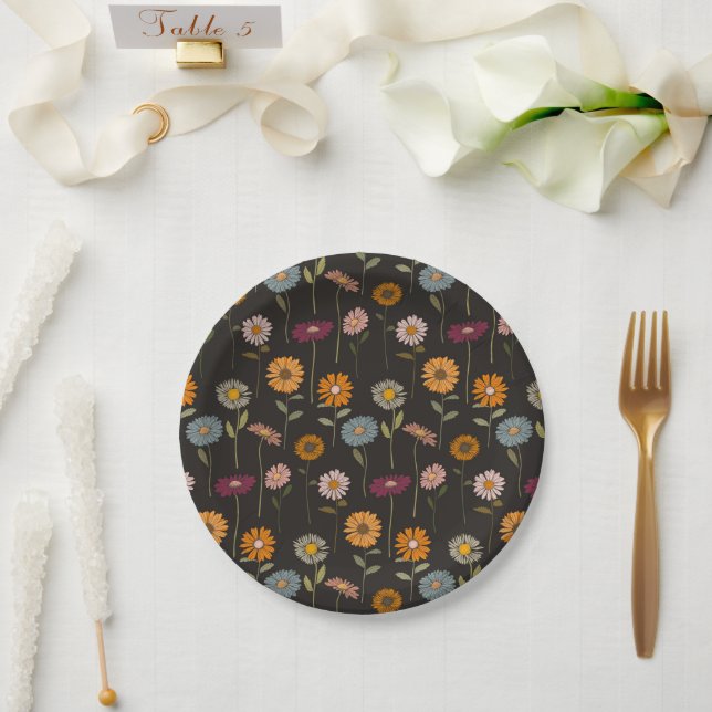 Retro Daisies Flowers Pattern  Paper Plates (Wedding)