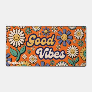Retro Daisies Groovy 70s Good Vibes Name Script Desk Mat