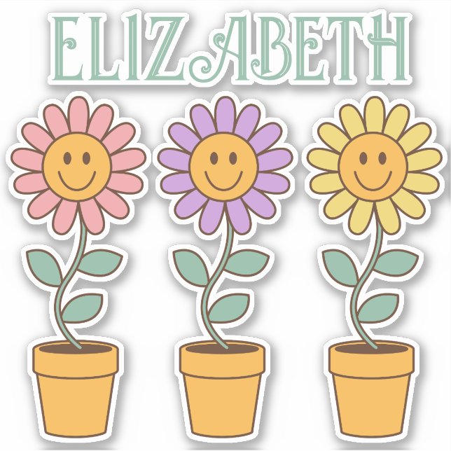 Retro Daisies in Pots Smile Personalized Sticker (Front)