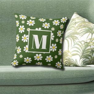 Retro Daisies On Green Custom Monogram  Throw Pillow