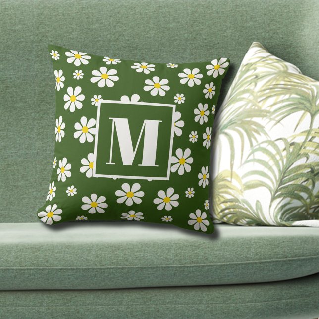 Retro Daisies On Green Custom Monogram  Throw Pillow (Creator Uploaded)
