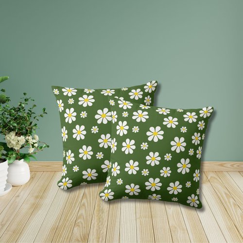 Retro Daisies On Green  Throw Pillow