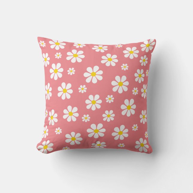 Retro Daisies On Pink Throw Pillow (Front)