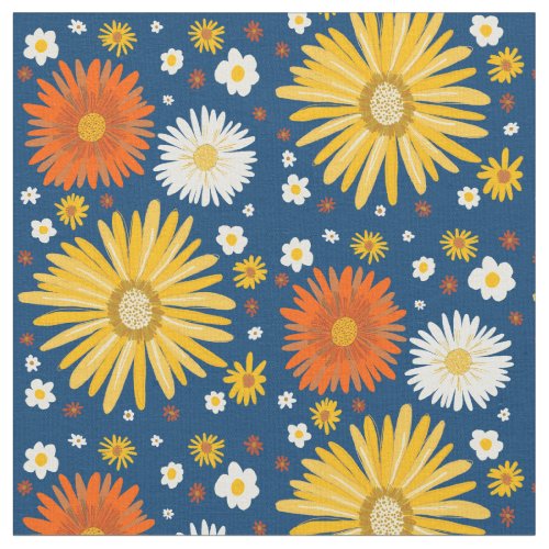 Retro Daisies Pattern Deep Blue Fabric