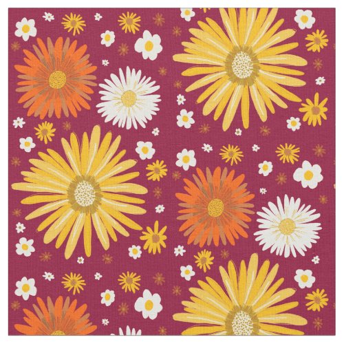 Retro Daisies Pattern Deep Red Fabric