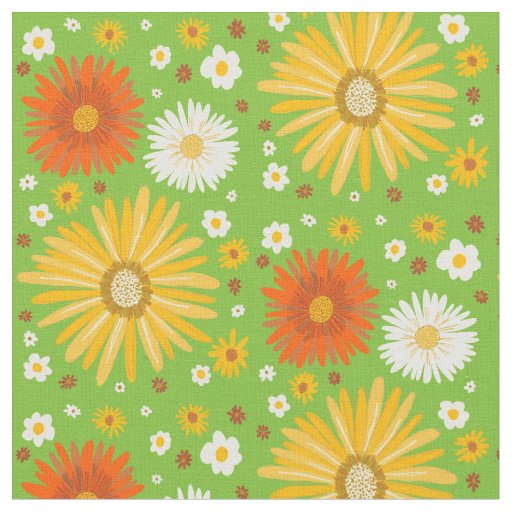 Retro Daisies Pattern Green Fabric