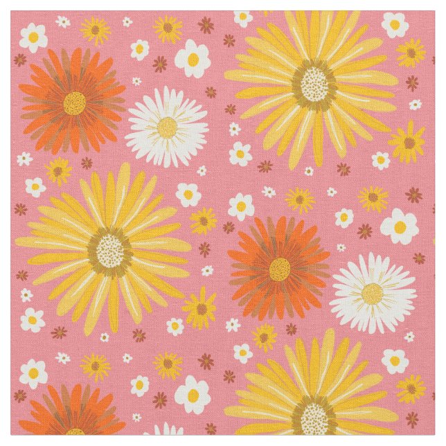 Retro Daisies Pattern Pink Fabric (Close Up)