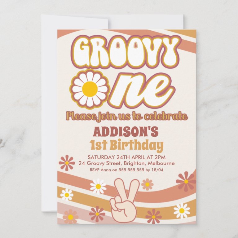 Retro Daisies Peace Sign Groovy One 1st Birthday Invitation