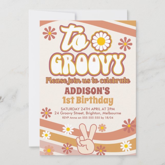 Retro Daisies Peace Sign Two Groovy 2nd Birthday  Invitation (Front)