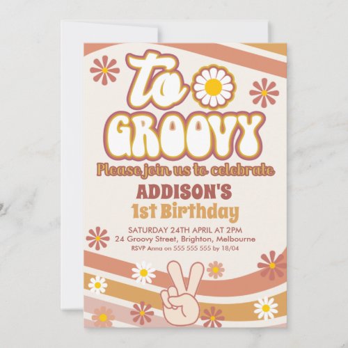 Retro Daisies Peace Sign Two Groovy 2nd Birthday  Invitation