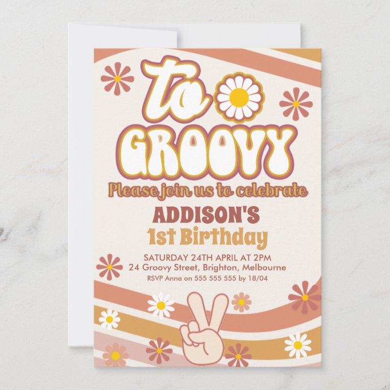 Retro Daisies Peace Sign Two Groovy 2nd Birthday Invitation