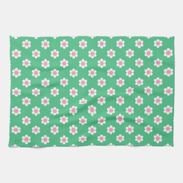Retro Daisies Pink and Green Kitchen Towel (Horizontal)