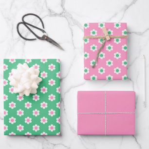 Retro Daisies Pink and Green Wrapping Paper Sheets