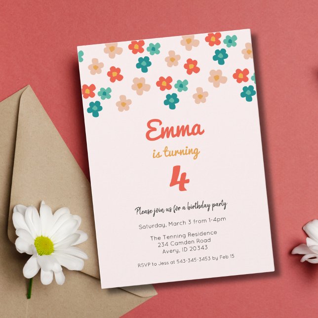 Retro Daisies Pink Girls Birthday Party Invitation (Creator Uploaded)