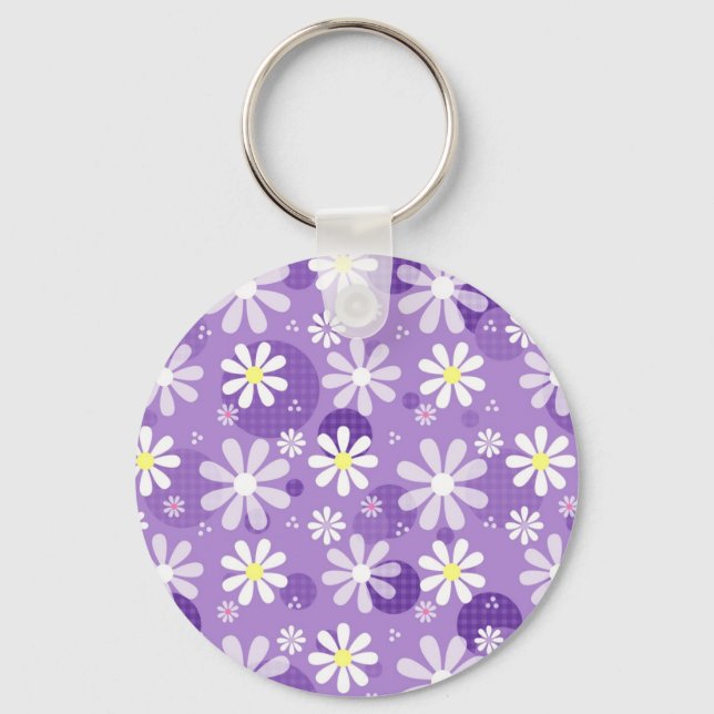 Retro Daisies Purple Gingham Circles Keychain (Front)
