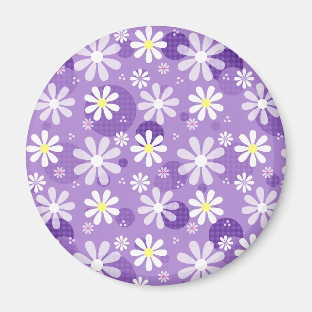 Retro Daisies Purple Gingham Circles Magnet (Front)