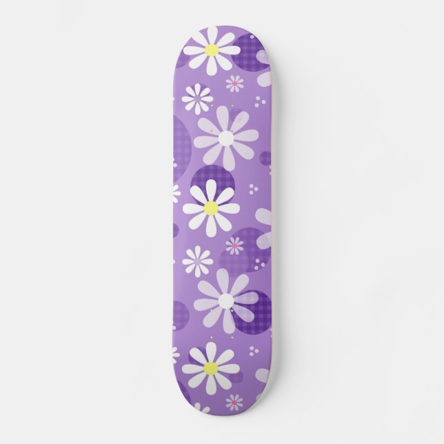 Retro Daisies Purple Gingham Circles Skateboard (Front)