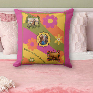 Retro Daisy 3 Photo Horse Pet Collage and Name Throw Pillow