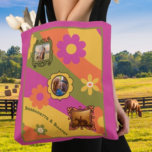 Retro Daisy 3 Photo Horse Pet Collage and Name Tote Bag