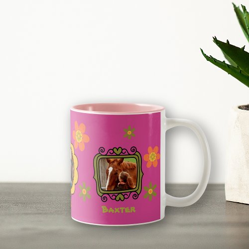 Retro Daisy 3 Photo Horse Pet Collage and Name Two_Tone Coffee Mug