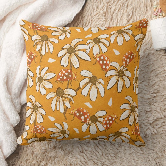 Retro Daisy and Ladybug Mustard Yellow  Throw Pillow (Blanket)