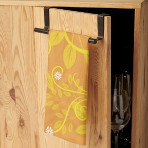 Retro Daisy and Yellow Filigree Over Orange Kitchen Towel