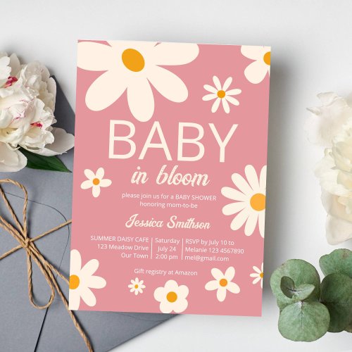 Retro daisy baby in bloom desert pink baby shower invitation