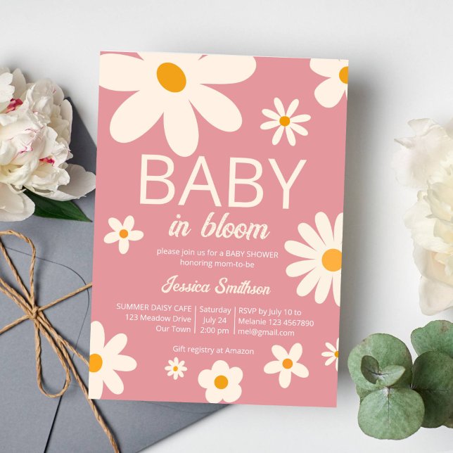Retro daisy baby in bloom desert pink baby shower invitation (Baby in bloom retro groovy boho daisy desert pink baby shower invitation template instant download)