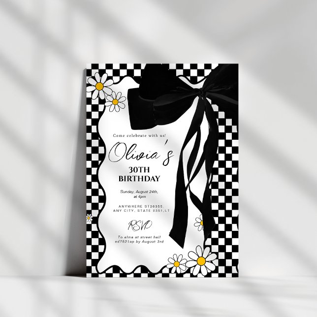 Retro daisy black bow 30th birthday invitation (Creator Uploaded)