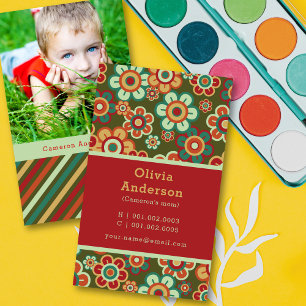 Retro Daisy Blooms And Stripes Pattern Photo Mommy Calling Card