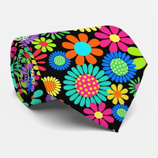 Retro Daisy Blossom Flower Power Pattern Neck Tie (Rolled)
