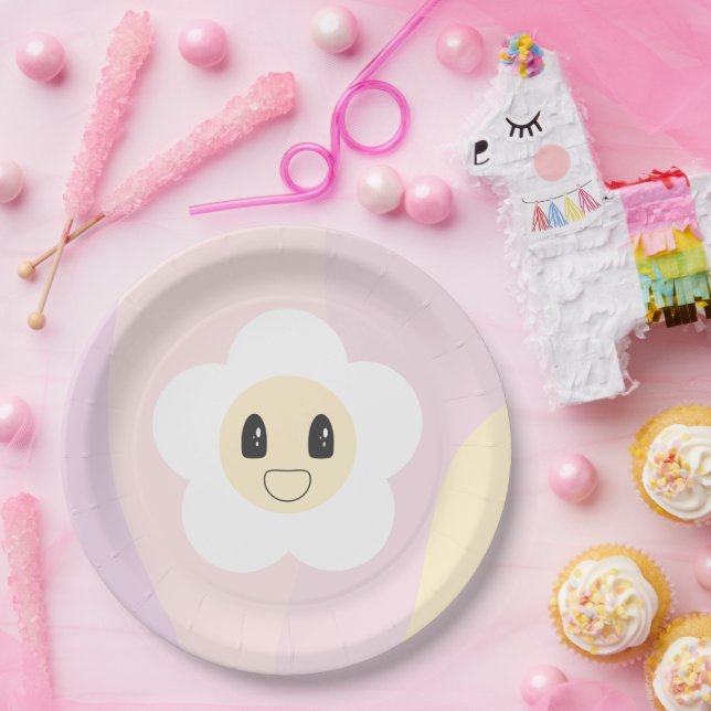 Retro Daisy Blush Pink Baby Girl birthday Paper Plates (Party)