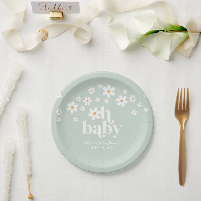 Retro Daisy boho Baby Shower green Paper Plate (Wedding)