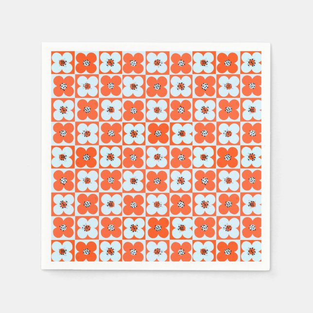 Retro Daisy Boho Checkered Orange Paper Napkin (Front)