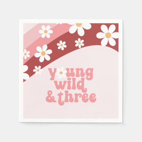 Retro daisy boho floral 3rd birthday napkins