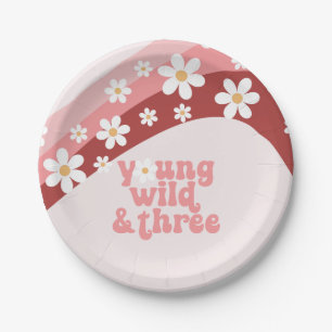 Retro daisy boho floral 3rd birthday paper plates