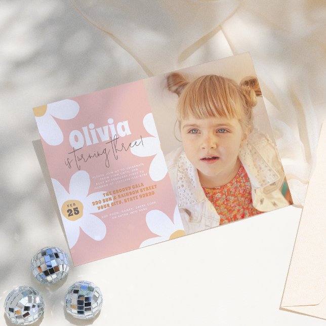 Retro Daisy Boho Groovy Girl Photo Birthday Party Invitation (Creator Uploaded)