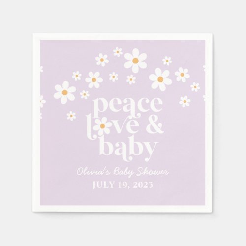 Retro Daisy boho Peace Love Baby Shower lilac Napkins