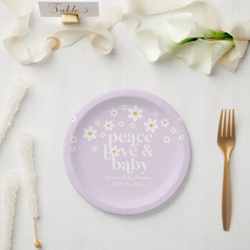 Retro Daisy boho Peace Love Baby Shower lilac Paper Plates