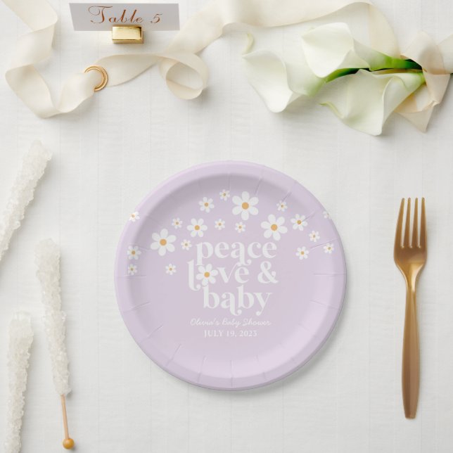 Retro Daisy boho Peace Love Baby Shower lilac Paper Plates (Wedding)