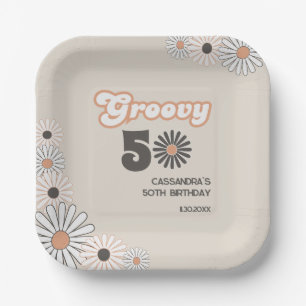 Retro Daisy Boho Terracotta Natural 50th Birthday Paper Plates