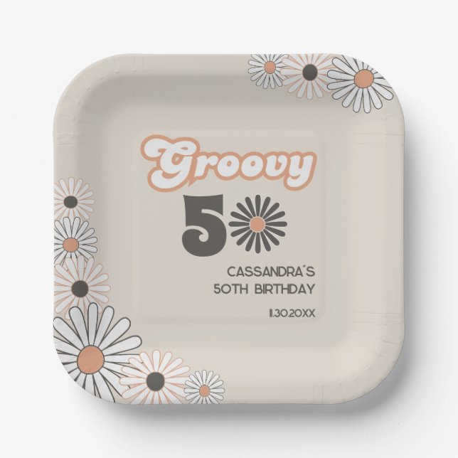 Retro Daisy Boho Terracotta Natural 50th Birthday Paper Plates (Front)