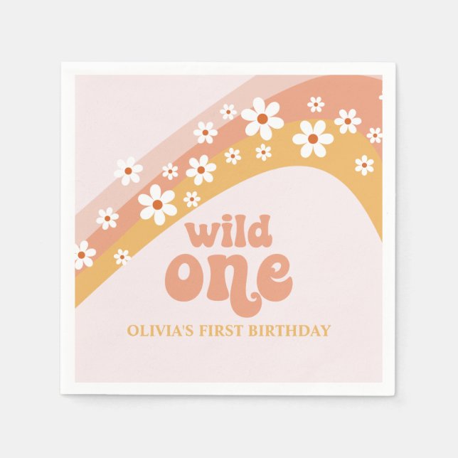 Retro Daisy Boho Wild One Rainbow Napkins (Front)