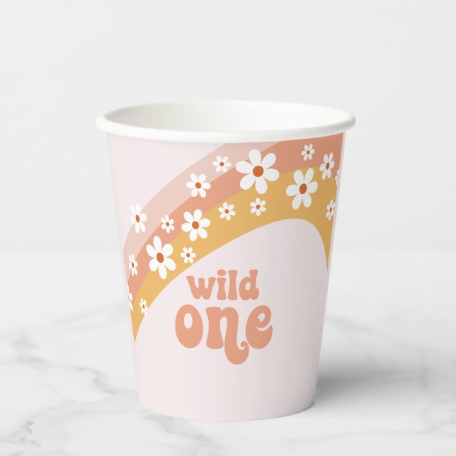 Retro Daisy Boho Wild One Rainbow Paper Cups (Front)
