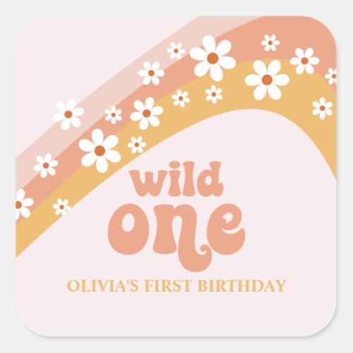 Retro Daisy Boho Wild One Rainbow Square Sticker