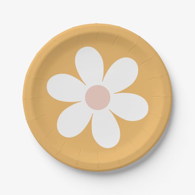 Retro Daisy Boho yellow Paper Plate (Front)