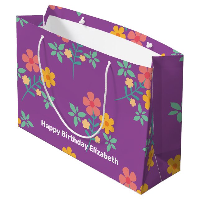 Retro Daisy Bouquet Pattern in Purple Customized Large Gift Bag (Back Angled)